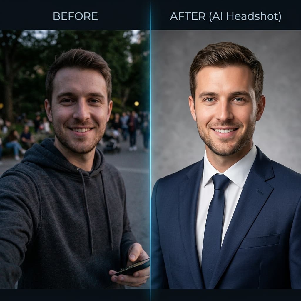 Before and after AI headshot transformation